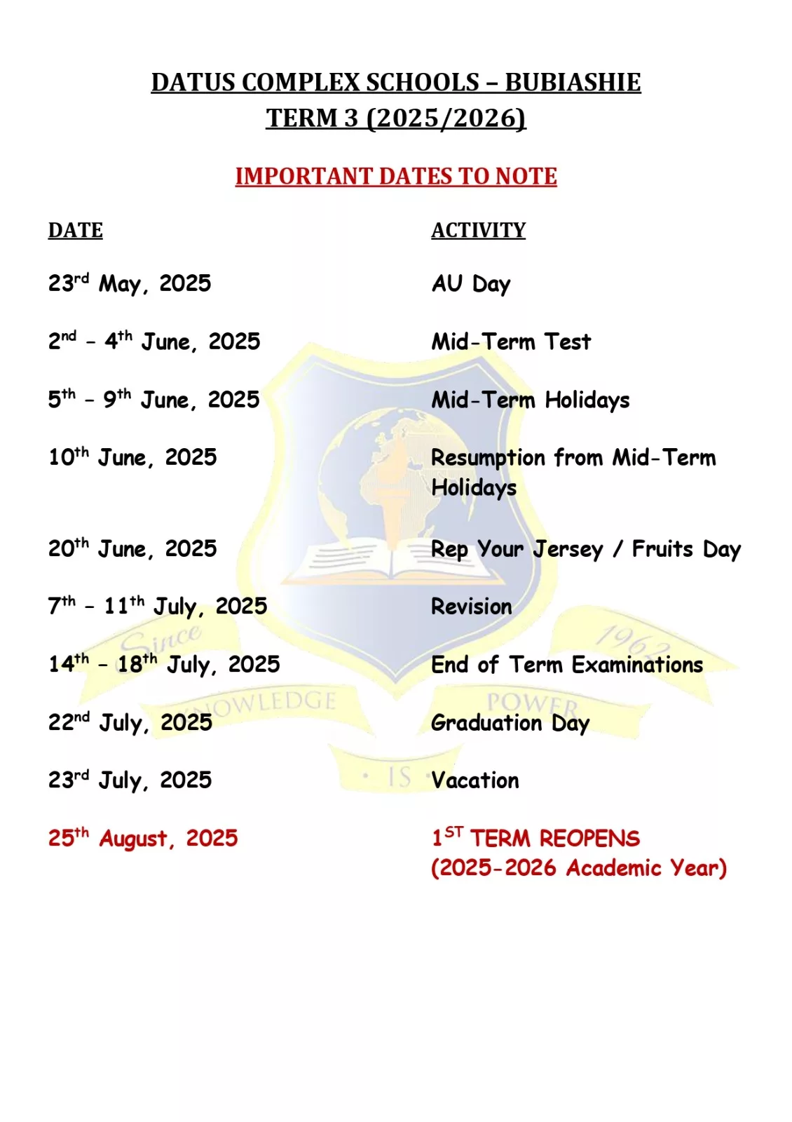 BUBIASHIE ACADEMIC CALENDAR TERM 3, 2025